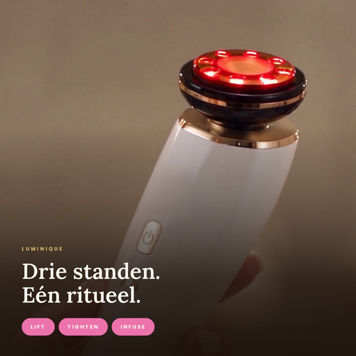 Luminique microstroom-apparaat met rood LED-licht en drie standen: lift, tighten en infuse