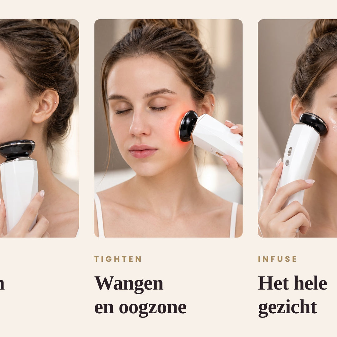 De drie standen naast elkaar: lift voor kaaklijn en hals, tighten voor wangen en oogzone, infuse voor het hele gezicht