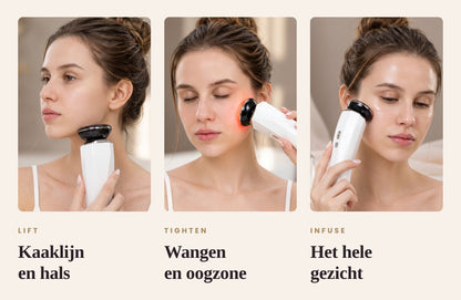 De drie standen naast elkaar: lift voor kaaklijn en hals, tighten voor wangen en oogzone, infuse voor het hele gezicht