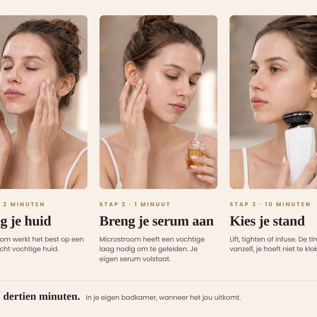 Je routine in drie stappen: reinigen, serum aanbrengen, en tien minuten met de Luminique