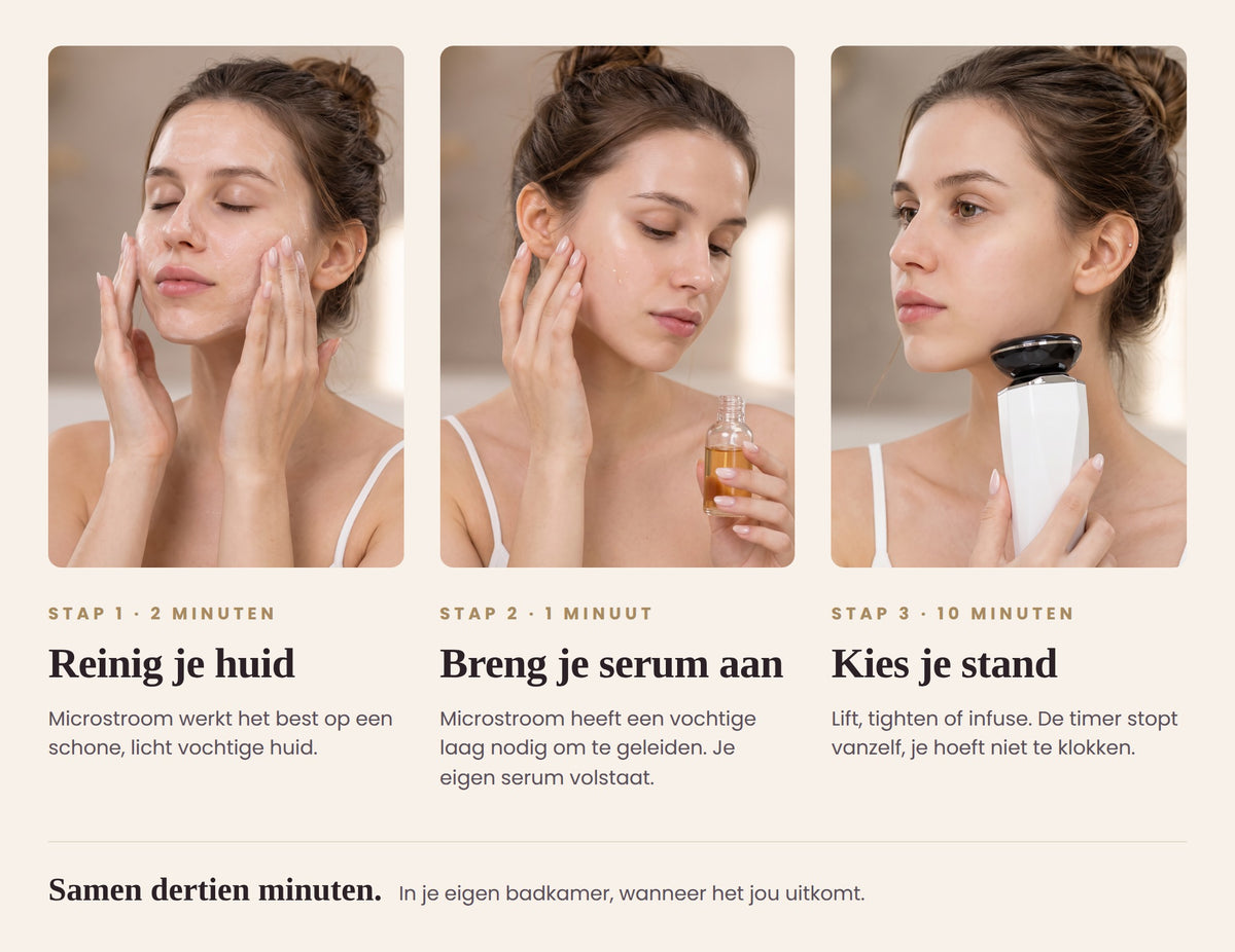 Je routine in drie stappen: reinigen, serum aanbrengen, en tien minuten met de Luminique