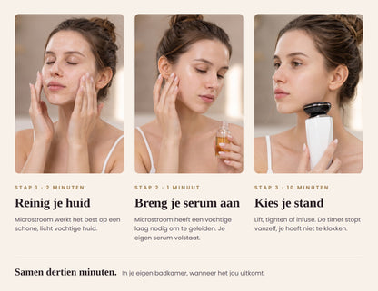 Je routine in drie stappen: reinigen, serum aanbrengen, en tien minuten met de Luminique