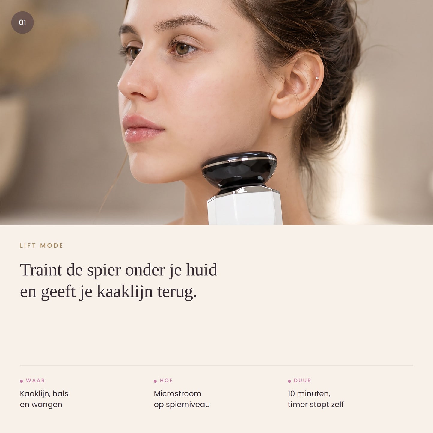 Lift-stand: de Luminique glijdt langs de kaaklijn en hals, tien minuten per behandeling