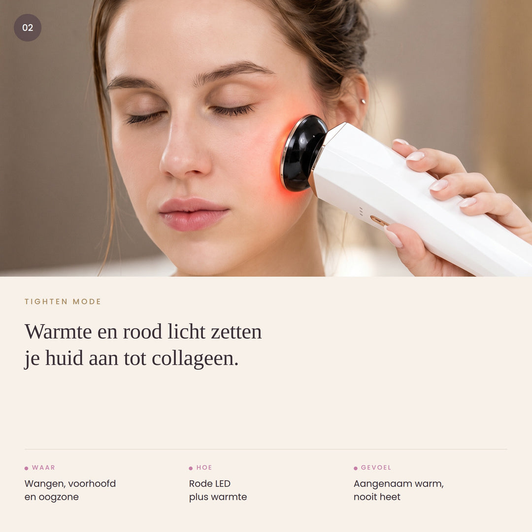 Tighten-stand: rood LED-licht en warmte op de wang en de oogzone